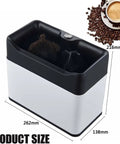 Automatic Electric Portafilter Cleaner Kit And Knock Box showing dimensions with a black and white design for quick flip disposal.