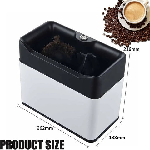 Automatic Electric Portafilter Cleaner Kit And Knock Box showing dimensions with a black and white design for quick flip disposal.