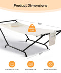 Freestanding Outdoor Hammock With Stand For Your Yard Deck Or Patio Built Tough With 600 Pound Capacity Rust Proof Stainless Steel Connectors Includes Soft Pillow And Handy Storage Bag White shown with dimensions