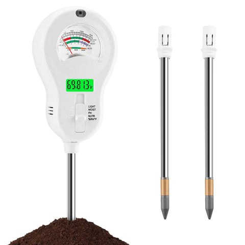Six In One Soil Test Kit With Three Replaceable Probes For Your Garden Includes Soil pH Tester Plant Water Meter Fertilizer Indicator Sunlight Meter LCD Display And Air Temperature Humidity Sensor on soil with two probes