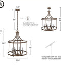 Diagram showing dimensions of Rustic Bronze Farmhouse Six Light Drum Chandelier for Dining Room, Kitchen Island or Living Room Pendant Lighting.