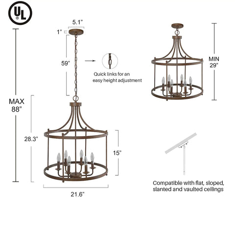 Diagram showing dimensions of Rustic Bronze Farmhouse Six Light Drum Chandelier for Dining Room, Kitchen Island or Living Room Pendant Lighting.