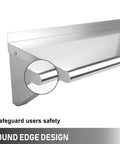 Stainless Steel Wall Mount Shelf 12x24 Inches Heavy Duty Kitchen Utility Rack Space Saver Rust Resistant Corrosion Proof. Close-up of round edge design.