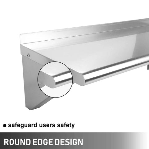 Stainless Steel Wall Mount Shelf 12x24 Inches Heavy Duty Kitchen Utility Rack Space Saver Rust Resistant Corrosion Proof. Close-up of round edge design.