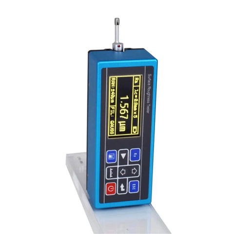 Portable Handheld Surface Roughness Tester Hella Precise Digital Gauge on clear background showing display with measurements.