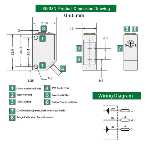 Dimension drawing for a Compact Diffuse Photoelectric Sensor With Background Suppression, Sensing Range 5 To 350 mm, NPN Output