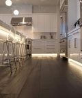 Modern kitchen under-cabinet lighting using Lit 200 LED Tape Light Kit, 12V Warm White 3000K, 16.4 ft Roll, Dimmable, Indoor Damp Location.
