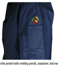30 Inch Navy Flame Resistant Cotton Welding Jacket with scribe pocket on sleeve, leather reinforced snaps visible