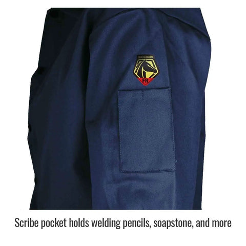 30 Inch Navy Flame Resistant Cotton Welding Jacket with scribe pocket on sleeve, leather reinforced snaps visible