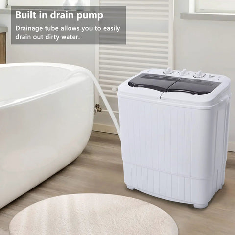 Zero Drama Portable Twin Tub Mini Washing Machine with built-in drain pump and drainage tube in a bathroom setting.