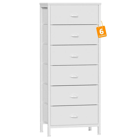 White Tall Dresser With Vertical Storage Tower And End Table Featuring Six Fabric Drawers And Drawer Organizer For Bedroom Living Room Closet Entryway Built Tough With Reinforced Metal Frame