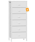 White tall dresser with vertical storage tower and end table featuring six fabric drawers and drawer organizer for bedroom