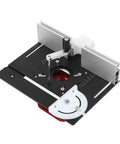 Router Lift System With 4 Jaw Clamping, 51mm Stroke Base Plate For 64/66mm Motors, Engraving Slotting Trimming Chamfering Machines, Universal Table Saw Insert Mount For Woodworking Machinery, black aluminum base plate with manual adjust handle