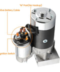 Beefy High Torque Mini Starter For Chevy Small Block Big Block V8 Engines Automatic And Manual Transmissions 153 Or 168 Tooth Ring Gear close-up of ignition switch and battery cable