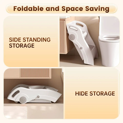 Foldable Toddler Step Stool For Bathroom Sink, Rock Solid Non Slip Footrest With Secure Handles, Bpa Free Thick Plastic And No Fuss Quick Fold Storage displayed in side and hidden storage positions.