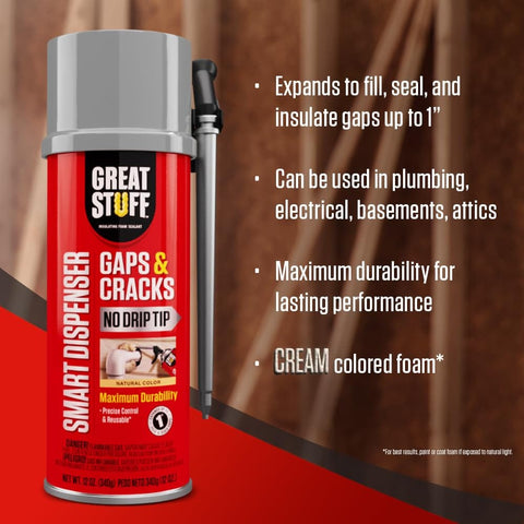Smart Dispenser Gap And Crack Foam Sealant Cream 12 Ounce For Drafts And Leaks No Drips Mess Free Application Precision Control