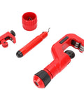 4-Piece Tubing Cutter Kit With Ergonomic Handles And Deburring Tool, suitable for copper, aluminum, stainless steel, PVC pipes.