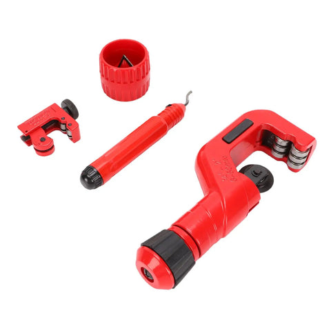 4-Piece Tubing Cutter Kit With Ergonomic Handles And Deburring Tool, suitable for copper, aluminum, stainless steel, PVC pipes.