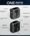 Go-To Portable Waist And Neck Cooling Fan With 10000mAh Battery, 5 Speeds, 16000RPM, showing design details and clips