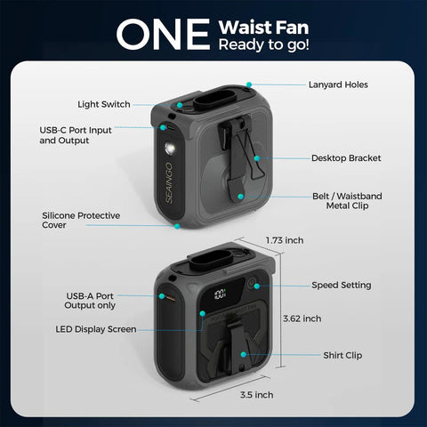 Go-To Portable Waist And Neck Cooling Fan With 10000mAh Battery, 5 Speeds, 16000RPM, showing design details and clips