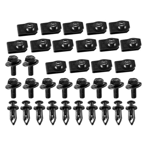 Honda Engine Cover Clip Fastener Kit Replacement For Undertray Splash Guard Plug And Play Install Direct Fit Durable Auto Part With Long Lasting Performance Replaces Worn Or Damaged Clips On Honda Vehicles. Black plastic and metal clip kit, assorted fasteners shown.