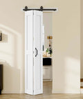 Bi Fold Barn Door 28 By 84 Inches For Closet White Waterproof Sliding Door With Hardware Kit Included And 32 Inch Track Kit For Two Doors Pre Drilled Holes For Easy Assembly For Space Saving And Smooth Quiet Operation installed in doorway.