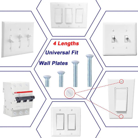 White Wall Plate Screws Kit 120 Pcs For Outlet Covers And Switch Plates 6-32 Screws For Lights And Panels displayed with wall plates