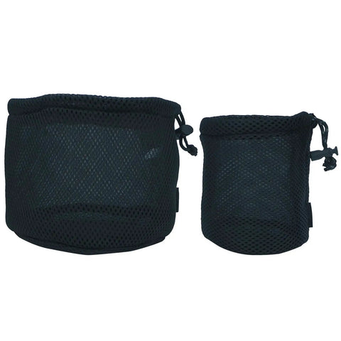 Two black nylon mesh camping gear storage bags for pots and tableware, drawstring organizer sack for outdoor cooking.