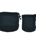 Two black nylon mesh camping gear storage bags, drawstring organizer sacks for outdoor cooking and travel kits.