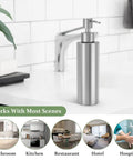 Sleek Stainless Steel Countertop Soap Dispenser For Kitchen And Bath, Rust Proof Pump, shown on a white counter in a bathroom.