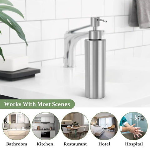 Sleek Stainless Steel Countertop Soap Dispenser For Kitchen And Bath, Rust Proof Pump, shown on a white counter in a bathroom.