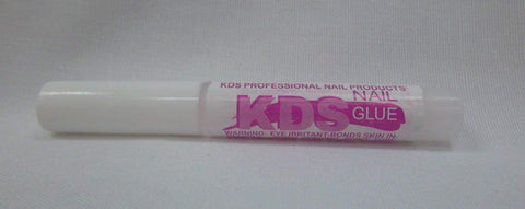 Close-up of a KDS nail glue tube, professional nail products label in pink, part of a ten-pack, pro-grade adhesive for acrylic tips.