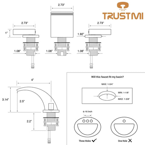 Technical drawing of Brushed Gold 8 Inch Widespread Bathroom Faucet With Two Handles For 3 Hole Lavatory Vanity Sink Tap.