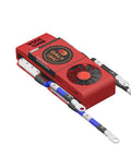 Kickass 10S 36V Smart BMS With Bluetooth Wireless Control And 300 Amp Continuous Rating For Lithium Ion 18650 Battery Packs showing red board with cooling fan and balance leads.