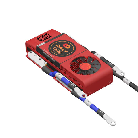 Kickass 10S 36V Smart BMS With Bluetooth Wireless Control And 300 Amp Continuous Rating For Lithium Ion 18650 Battery Packs showing red board with cooling fan and balance leads.
