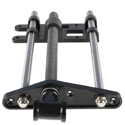 Industrial Grade Cast Iron Woodworking Bench Vise Featuring A Ten Inch Jaw And Reinforced Guide Rail front view of guide rail and slider assembly