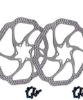 Pair of 160mm 6 Bolt Stainless Disc Brake Rotors for Road, Mountain, MTB, BMX Bikes 1.9mm Thick, with mounting bolts shown