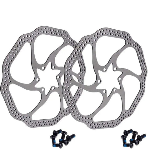 Pair of 160mm 6 Bolt Stainless Disc Brake Rotors for Road, Mountain, MTB, BMX Bikes 1.9mm Thick, with mounting bolts shown