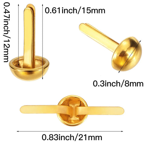 Bulk 500 Pcs Metal Brads For Paper Crafts And DIY Projects Golden Round Paper Fasteners 0.3 x 0.6 inch dimensions shown