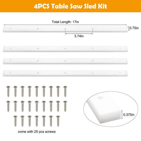 Four Piece Crosscut Sled Kit For Table Saw With Predrilled Holes And 25 Screws, showing white miter bars and screws layout