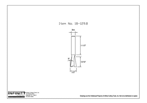 Technical drawing of 8mm shank dovetail router bit with half inch cutting depth and thirteen sixteenths inch cutting height, eight degree angle