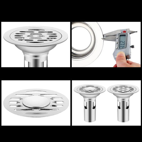 Round Stainless Steel Shower Floor Drain Strainer Cover Heavy Duty Build Stops Gunk And Bad Odors While Snagging Fine Hair For A Slick No Fuss Bathroom Routine close up and measurement display