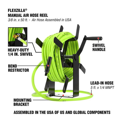 Open Face Air Hose Reel Three Eighth Inch By 50 Foot Heavy Duty Lightweight Hybrid ZillaGreen with swivel handle and fittings.