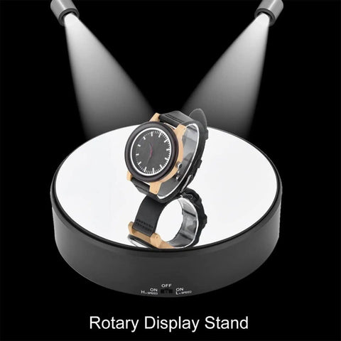 Mirror Surface Motorized Turntable Display Stand With 360 Degree Rotary Motion And Adjustable Speed showcasing a wristwatch.