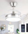 Sleek Retractable Ceiling Fan With Dimmable LED Lights And Remote, Brushed Nickel trim and acrylic blades in modern setting.