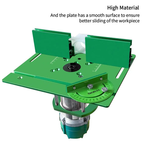 Boss Tier Router Table Lift System With Heavy Duty Aluminum Insert Plate For 65 Mm Motors showing smooth surface and adjustability.