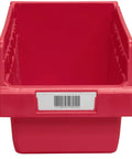 Front view of red storage bin with slot, compatible with Clear Label Card Holders And Printable Labels For ShelfMax Bins.