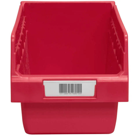 Front view of red storage bin with slot, compatible with Clear Label Card Holders And Printable Labels For ShelfMax Bins.