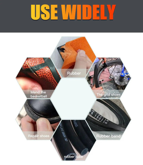 Uses of Ultra Sticky Rubber Glue Instant Adhesive for repairing basketballs, shoes, and rubber tubes.