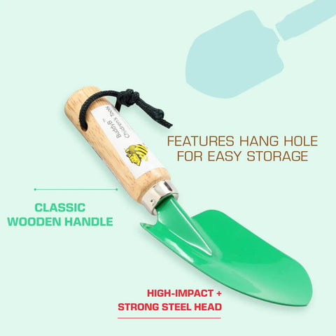 Kid Friendly Garden Trowel With Wooden Handle Mini Shovel For Children Durable Green Tool For Planting Transplanting Weeding And Soil Scooping